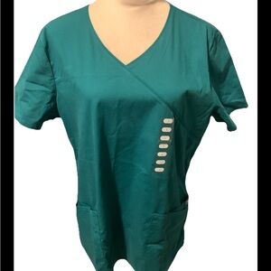 NWT Cherokee Teal Scrub Top L 2-Way Stretch Pockets V-Neck